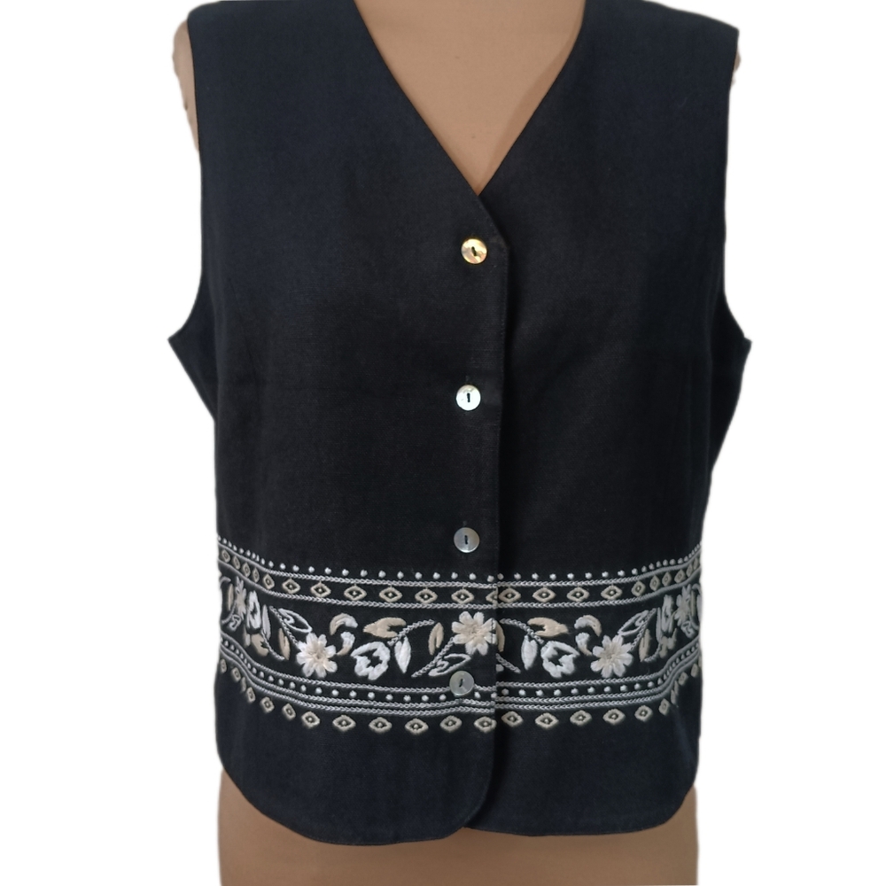 Talbots‎ Vest Womens PM Floral Embroidery Sleeveless Black White Boho Academia